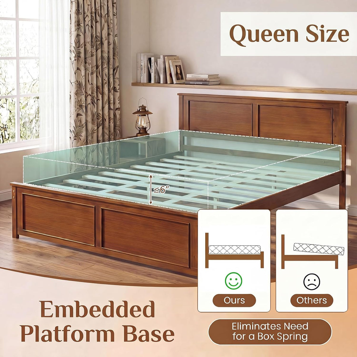 komfott queen size bed frame, farmhouse wooden platform on a desk or shelf
