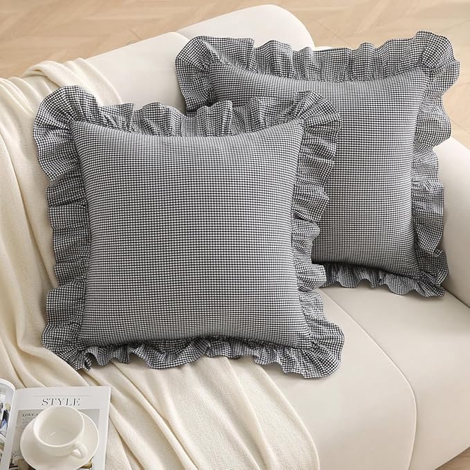 Black/White Plaid Ruffle Throw Pillow Covers Shabby Checkered Gingham 18"x18" by Silnuo