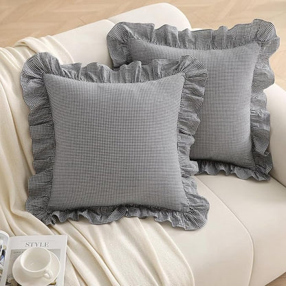 Black/White Plaid Ruffle Throw Pillow Covers Shabby Checkered Gingham 18"x18" by Silnuo