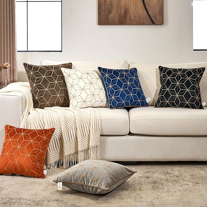 Aeckself 16 x 16 Inch Navy Blue Gold Plaid Geometric Lines Embroidery Velvet - Image 7