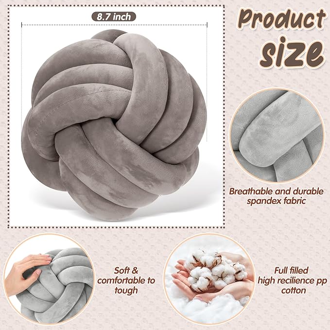 Yerliker 4 Pcs Knot Pillow Ball, 8.7 Inches Soft Home Decorative Round Throw - Image 3