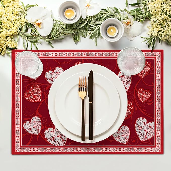 Giwawa Love Heart Placemats Set of 4, Valentines Day Red White Hearts Print - Image 3