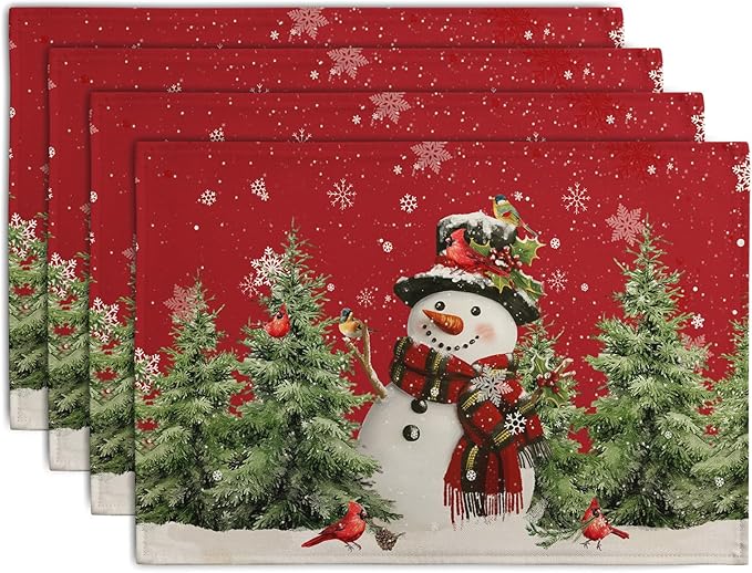 Snowman Christmas Red Placemats Set of 4 Xmas Tree Cardinal Snowflakes Linen by Wnoesat