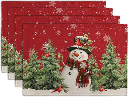 Snowman Christmas Red Placemats Set of 4 Xmas Tree Cardinal Snowflakes Linen by Wnoesat