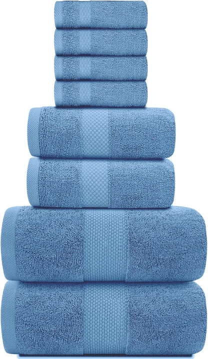 white classic luxury light blue bath towel set shown in use