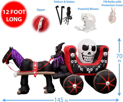 12 FT Long Halloween Inflatable Carriage with Skeleton Ghost Skull