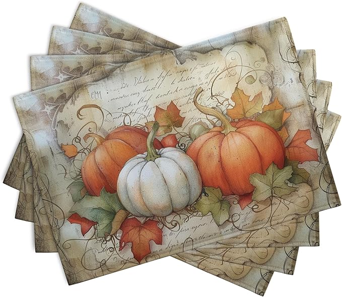 Fall Pumpkin Maple Leaf Placemats Set of 4, 12x18 Inch Vintage Autumn Harvest - Image 2