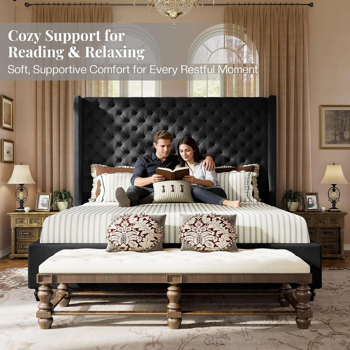 jocisland queen bed frame with 63" tall wingback, close-up detail