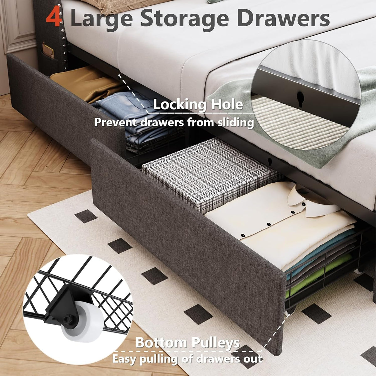 tigubfre queen size bed frame with 4 drawers, side view