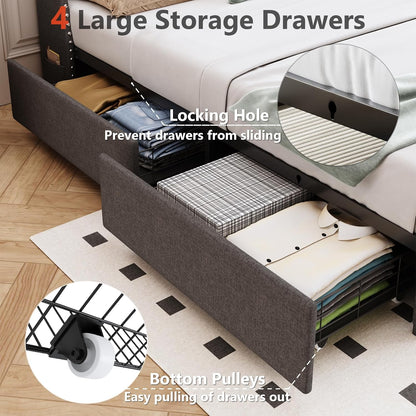 tigubfre queen size bed frame with 4 drawers, side view