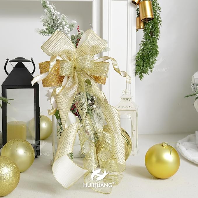 HUIHUANG Gold Glitter Wired Ribbon 4 inch - Image 5