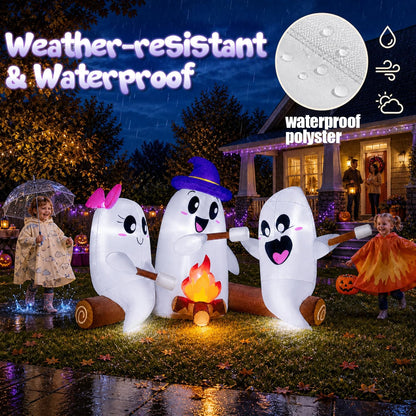 zukakii 6FT Long Halloween Inflatables Decorations Outdoor Campfire Ghosts Adorable Halloween Blow up Yard Decoration Blowup Cute 3 Ghosts Roasting Marshmallows Over Campfire Built-in LEDs Party Lawn