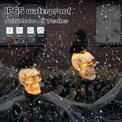 Halloween Solar Pathway Lights - Solar Halloween Skull Stake Lights Decorations Outdoor - 2PCS Waterproof Resin Skeleton Crows Decor for Outside Yard Garden Lawn