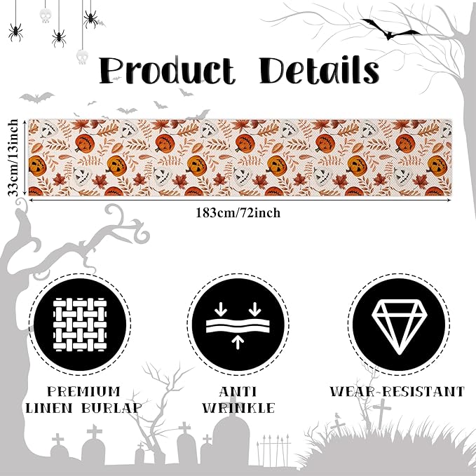Happy Halloween Table Runner Fall Autumn Golden Maple Leaves Pumpkin - Image 6