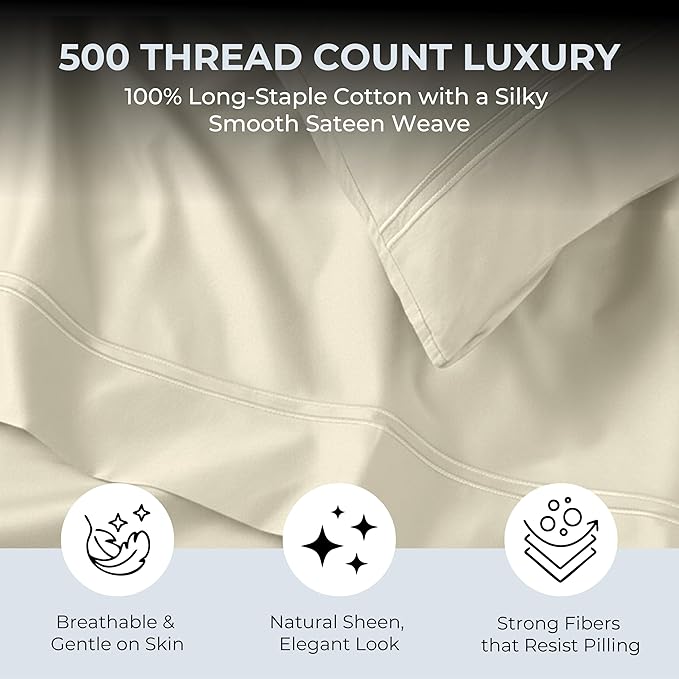 100% Natural Cotton Bed Sheets | 500 TC Single-Ply Sateen Weave Full Size - Image 2