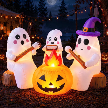 ZPISF 7.5 FT Halloween Inflatables 3 Cute Ghosts Roasting Marshmallows by Campfire, Built-in LED Lights Outdoor Yard Garden Patio Holiday Party Decorations
