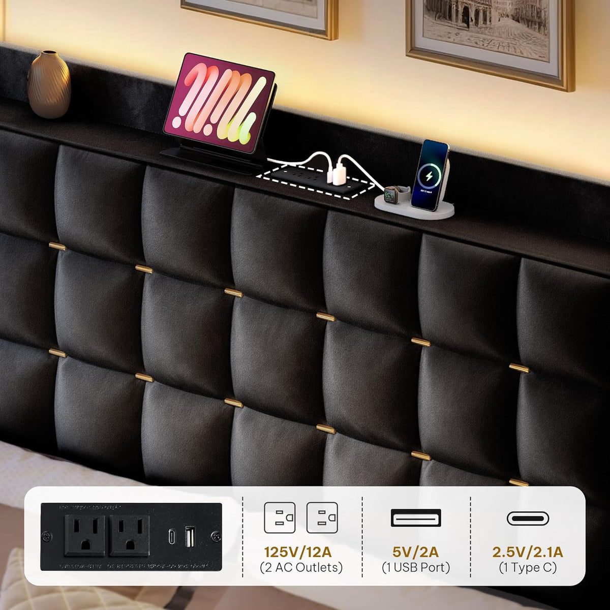 yitahome king size bed frame with 3 storage, side view
