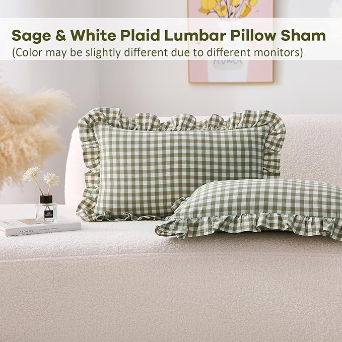 2 Pack Sage Green Plaid Ruffle Gingham Lumbar Throw Pillow Shams, 100% Washed - Image 2