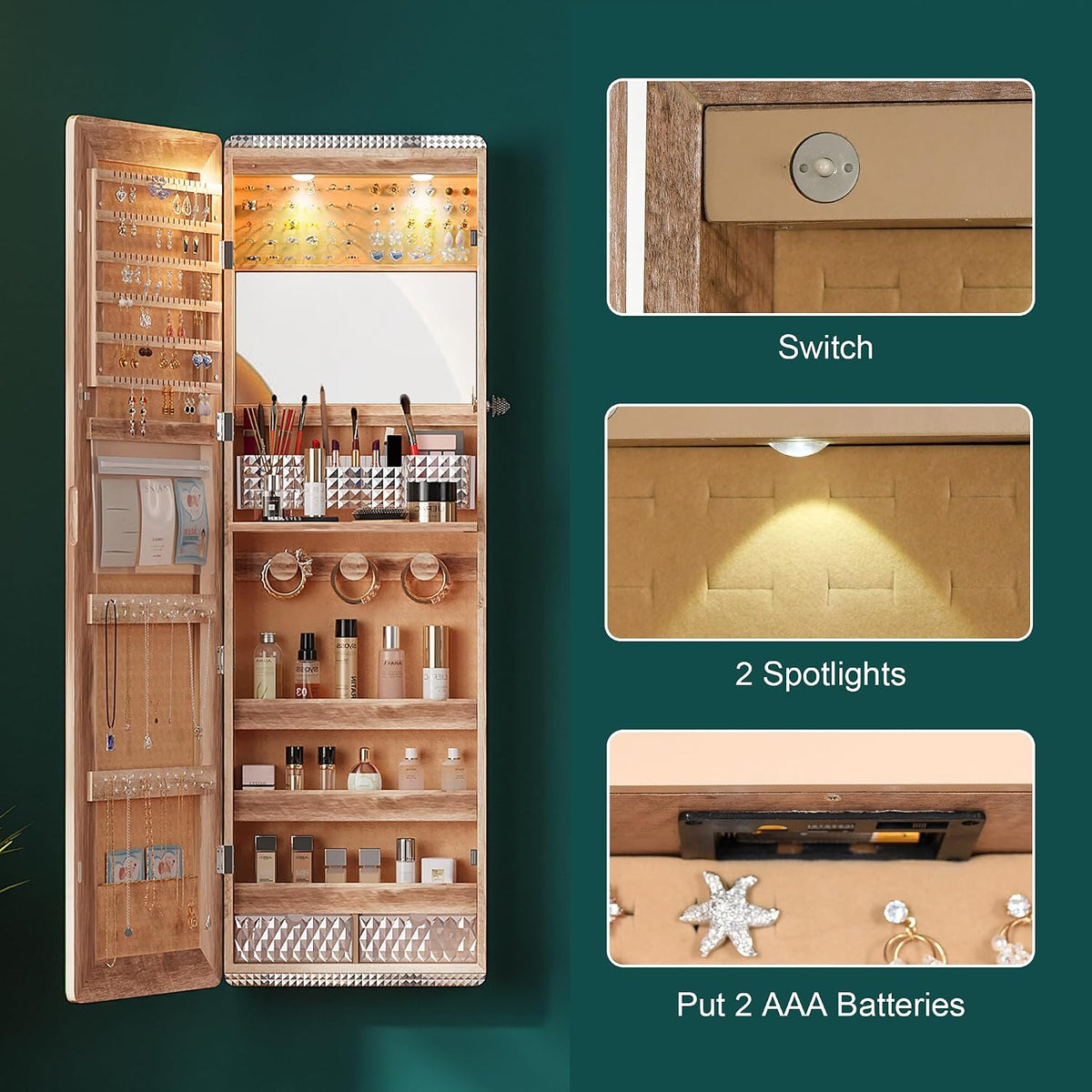 hnebc over the door jewelry organizer with led on a desk or shelf