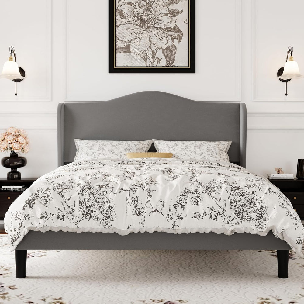 SHA CERLIN Queen Size Bed Frame with Curved Wingback Headboard, Soft Grey