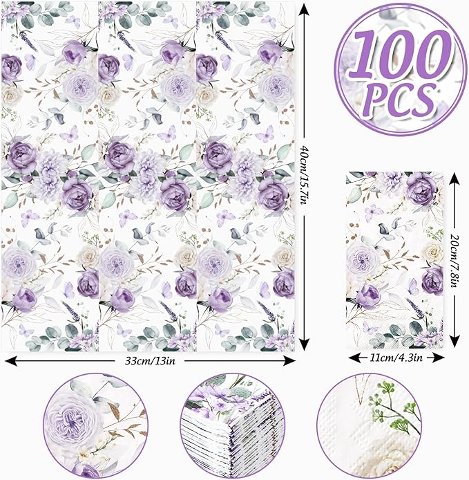 100Pcs Floral Guest Napkins Watercolor Purple Flower Butterfly Disposable - Image 2