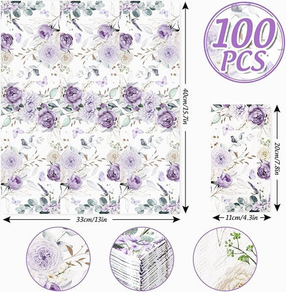 100Pcs Floral Guest Napkins Watercolor Purple Flower Butterfly Disposable - Image 2