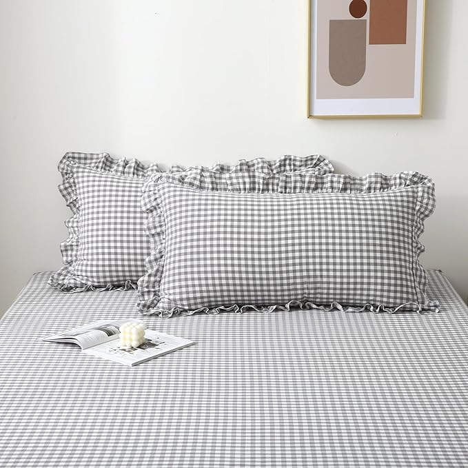 2 Pack Grey White Plaid Ruffle Gingham King Size Pillow Shams, 100% Washed - Image 7