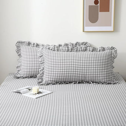 2 Pack Grey White Plaid Ruffle Gingham King Size Pillow Shams, 100% Washed - Image 7
