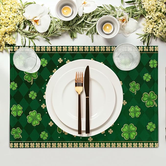 Green Shamrock St Patricks Day Placemats Set of 4 Lucky Clover Plaid Check - Image 3