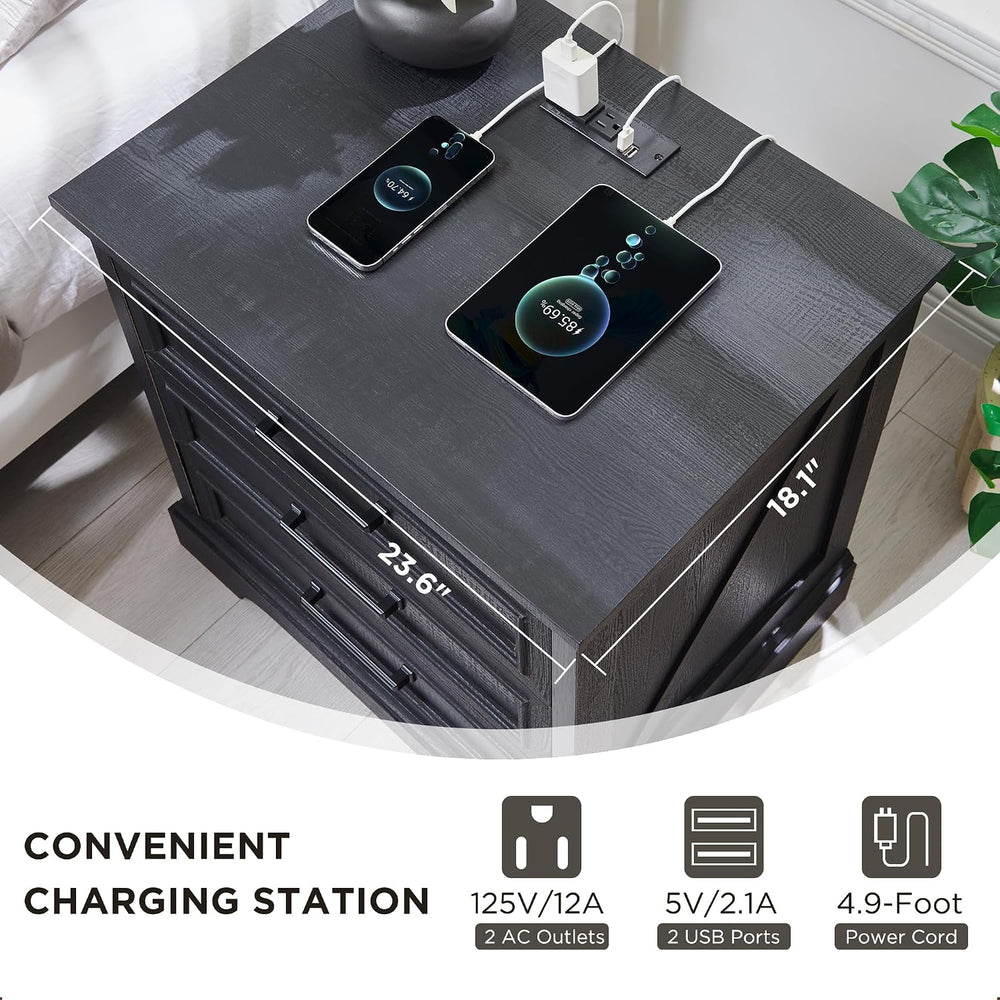 ACCOHOHO 22" Farmhouse Nightstand with Charging Station, Black