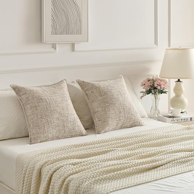 FUTEI Beige Decorative Throw Pillow Covers 22x22 Inch Set of 2, Soft Chenille - Image 6
