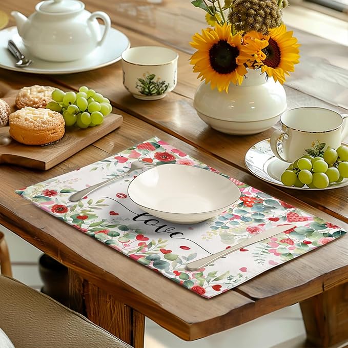 Valentines Day Love Heart Rose Placemats Set of 4 Valentine Eucalyptus Leaves - Image 3