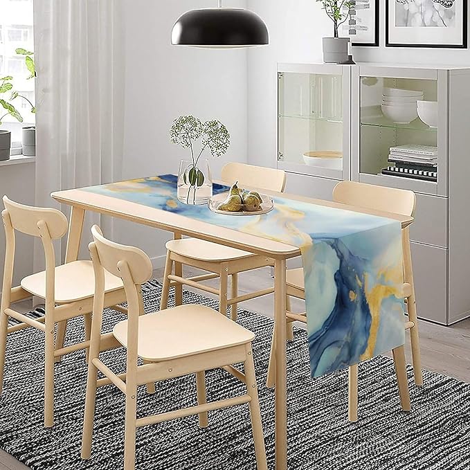 Marble Table Runner, Modern Grey Blue Gold Abstract Table Dresser Runners - Image 8
