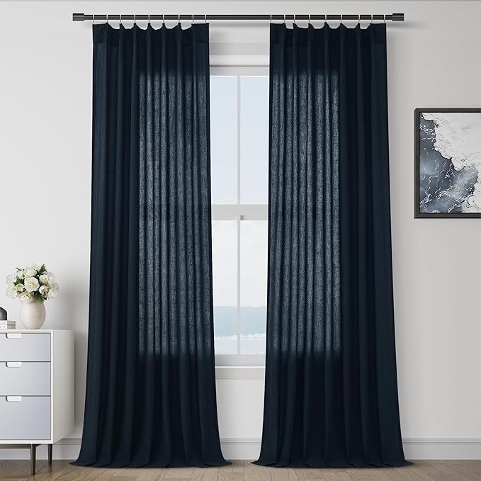 Navy Blue Pinch Pleat Linen Curtains 120 Inches Long by Aersas