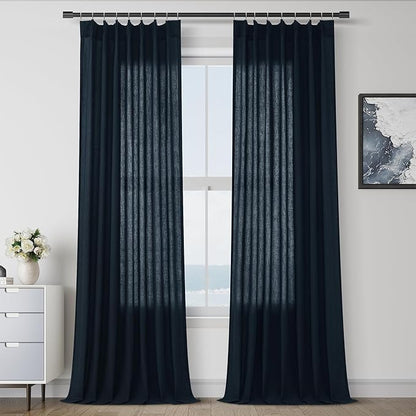 Navy Blue Pleated Linen Curtains 96 Inches Long by Aersas