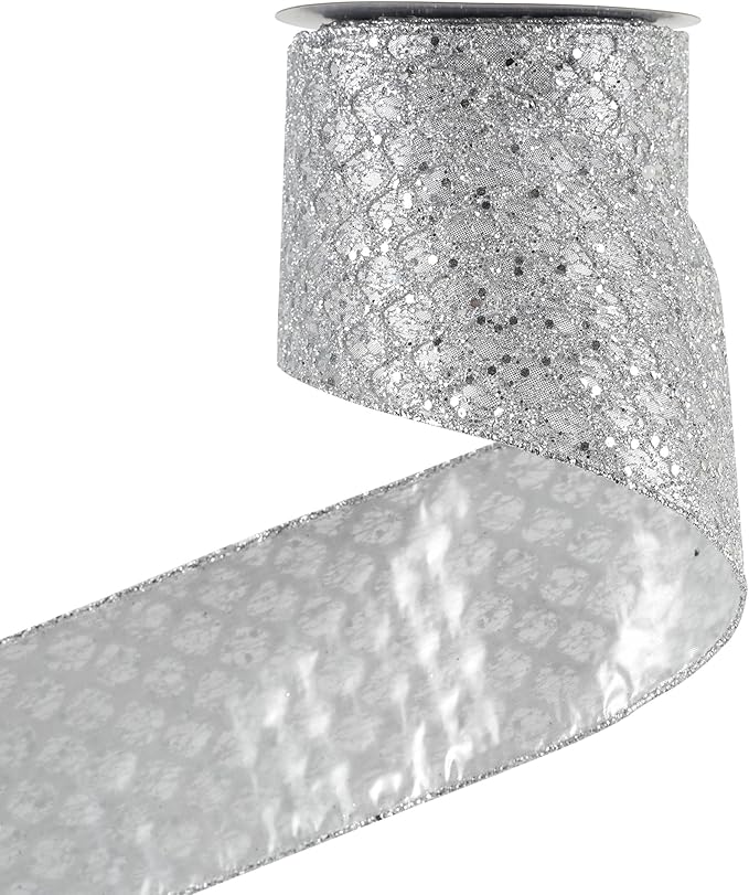 HUIHUANG Silver Christmas Ribbon 4 inch Silver Glitter Wired Ribbon Diamond by HUIHUANG
