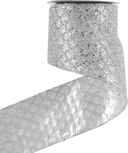 HUIHUANG Silver Christmas Ribbon 4 inch Silver Glitter Wired Ribbon Diamond by HUIHUANG