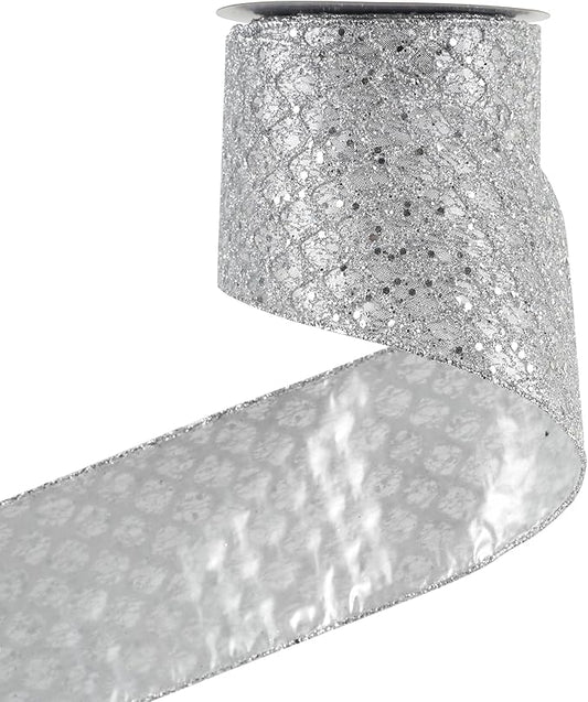 HUIHUANG Silver Christmas Ribbon 4 inch Silver Glitter Wired Ribbon Diamond by HUIHUANG