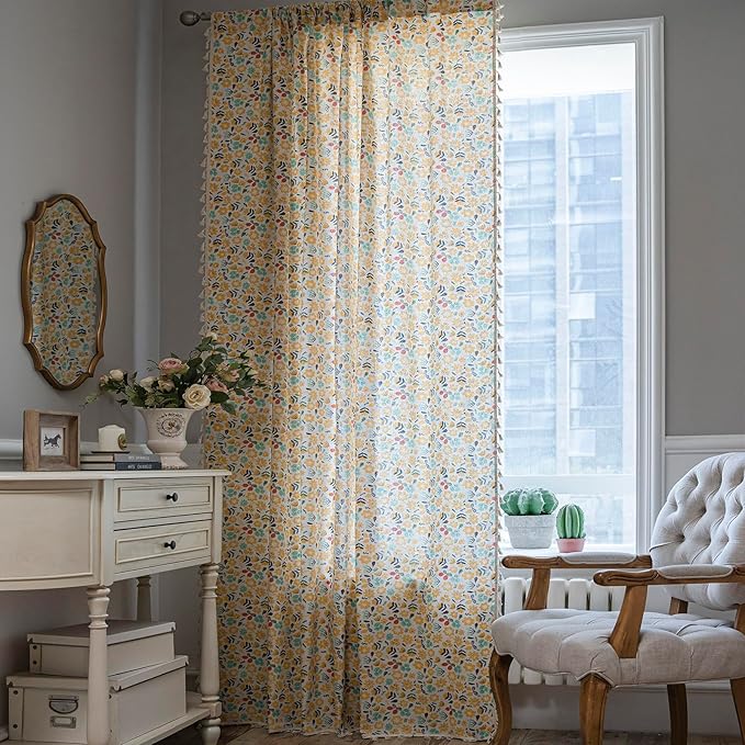 Floral Curtains 63 Inch Length 2 Panels Tassel Boho Semi-Sheer Drapes Bedroom - Image 4