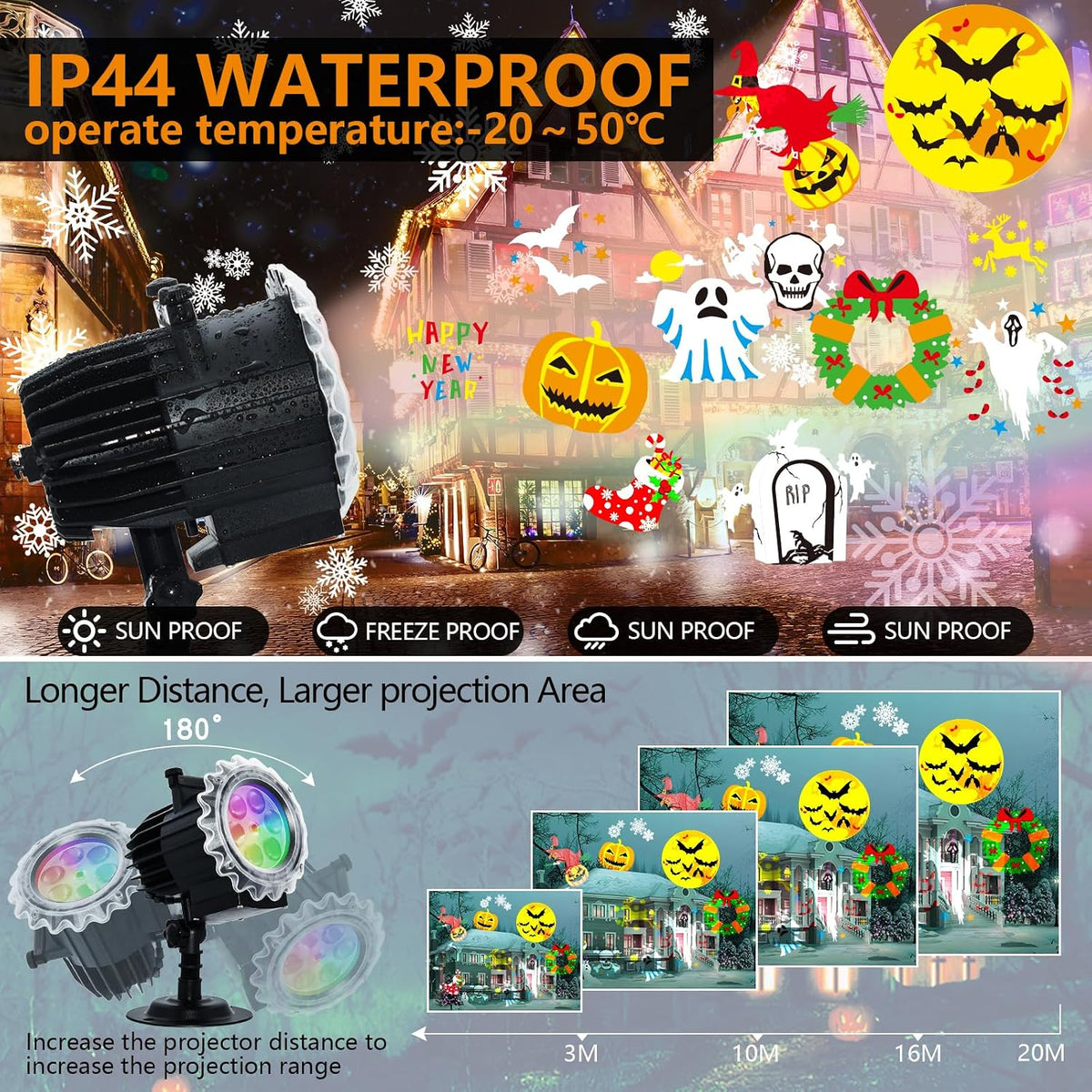 Halloween Projector Lights Outdoor, 8 Images Mode Halloween Lights Projector with 96 Cartoons, Waterproof Holiday Projector with Remote Control and Timer for Halloween Decorations