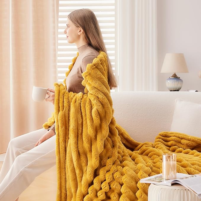 NEWCOSPLAY Super Soft Twin Blanket Mustard Yellow Premium Silky Flannel Fleece - Image 5