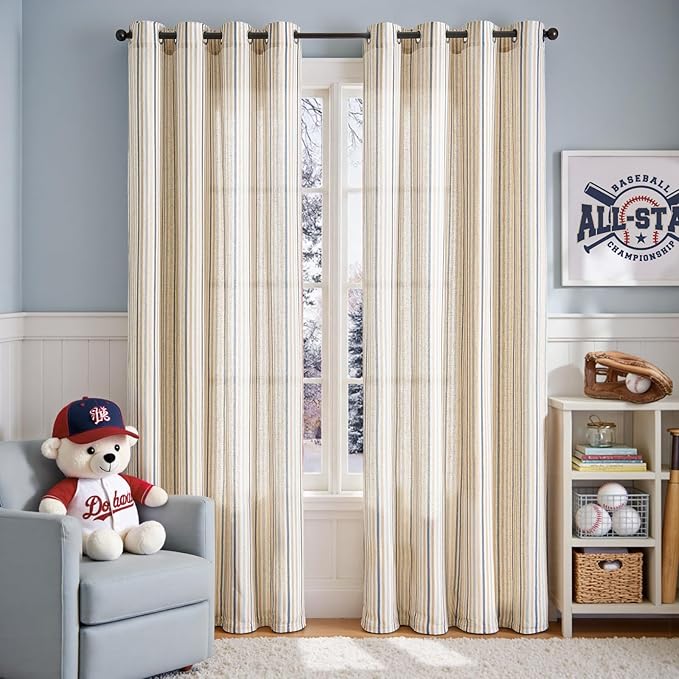 Vangao Linen Striped Blue Curtains Boho Tickingstripe Light Filtering Nursery - Image 2