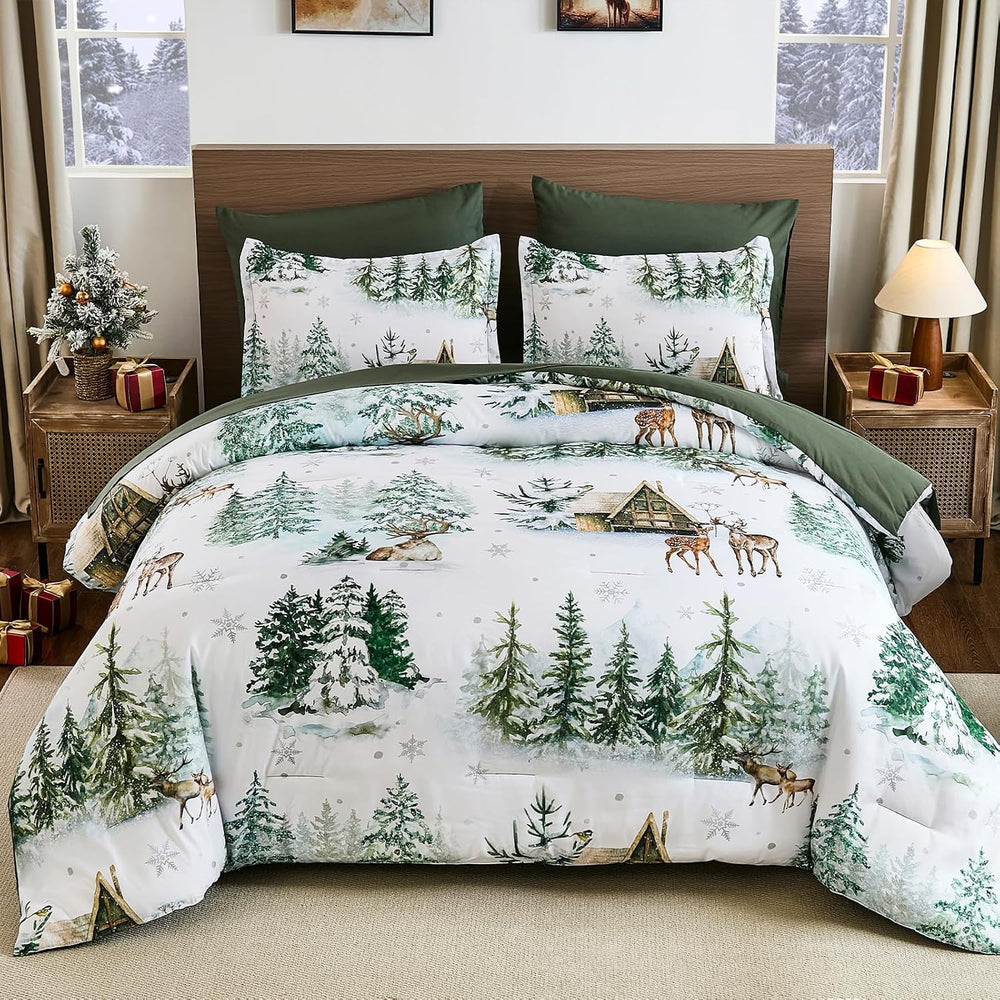 Green Comforter Set 7 Piece Queen Size, Christmas Bedding Set Festive