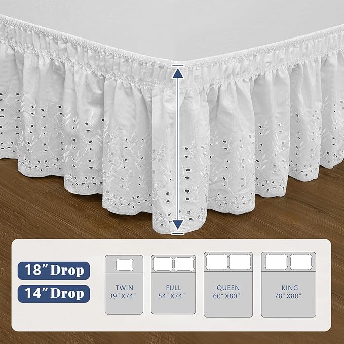 Full Bed Skirt, Wrap-Around Elastic Ruffled Eyelet Bed Skirt Full Size Dust - Image 2