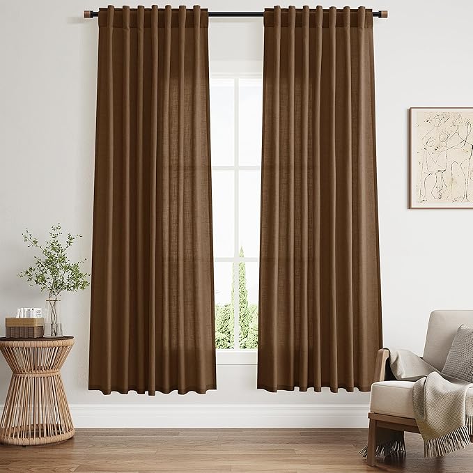Nanspring Tobacco Brown Semi Sheer Linen Curtains 72 inch Length by Nanspring