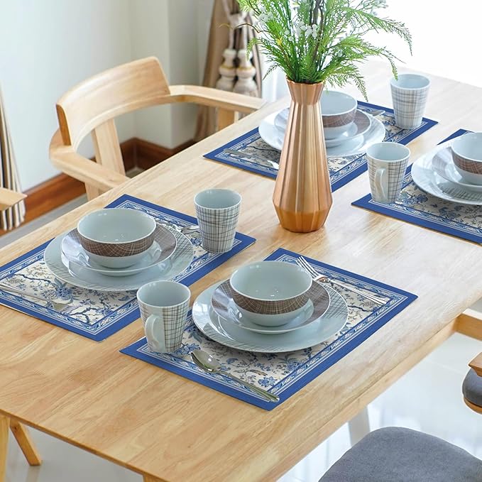 Giwawa 4PCs Chinoiserie Placemats Blue White Floral Birds Decorative Linen - Image 7