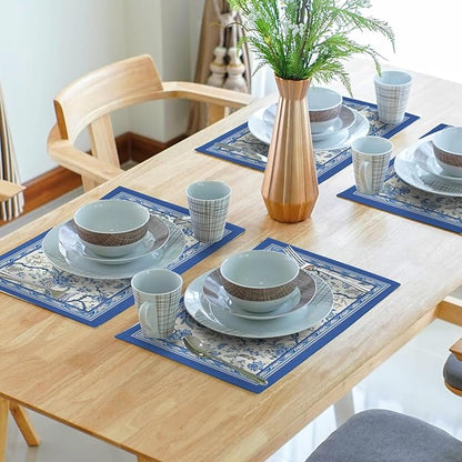 Giwawa 4PCs Chinoiserie Placemats Blue White Floral Birds Decorative Linen - Image 7