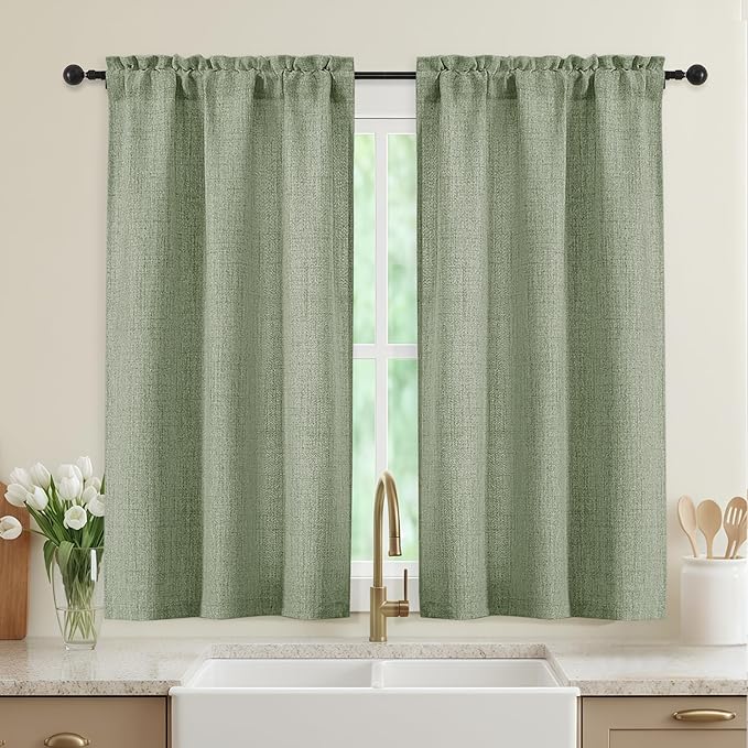 Sage Green Kitchen Curtains 45 Inch Length 2 Panels, Light Filtering Faux Linen by WelvetBLK