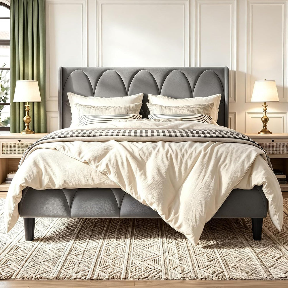 OHOHOLIVE Full Size Bed Frame Velvet Upholstered Headboard Platform Bed