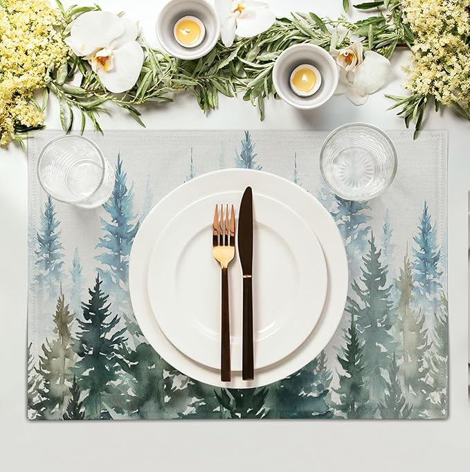 Watercolor Dark Green Tree Table Mats Set of 4 Rustic Nature Forest Pine Tree - Image 3